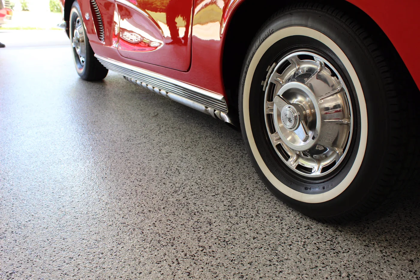 Close-up of Titan's decorative epoxy flake floor finish